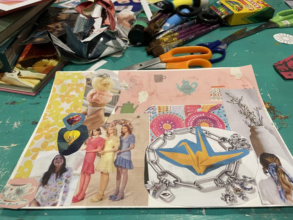 Obra de arte en forma de collage completa con diferentes fotos de revistas, formas y colores.