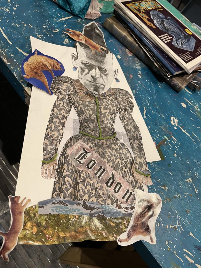 Obra de arte en forma de collage completa con diferentes fotos de revistas, formas y colores.